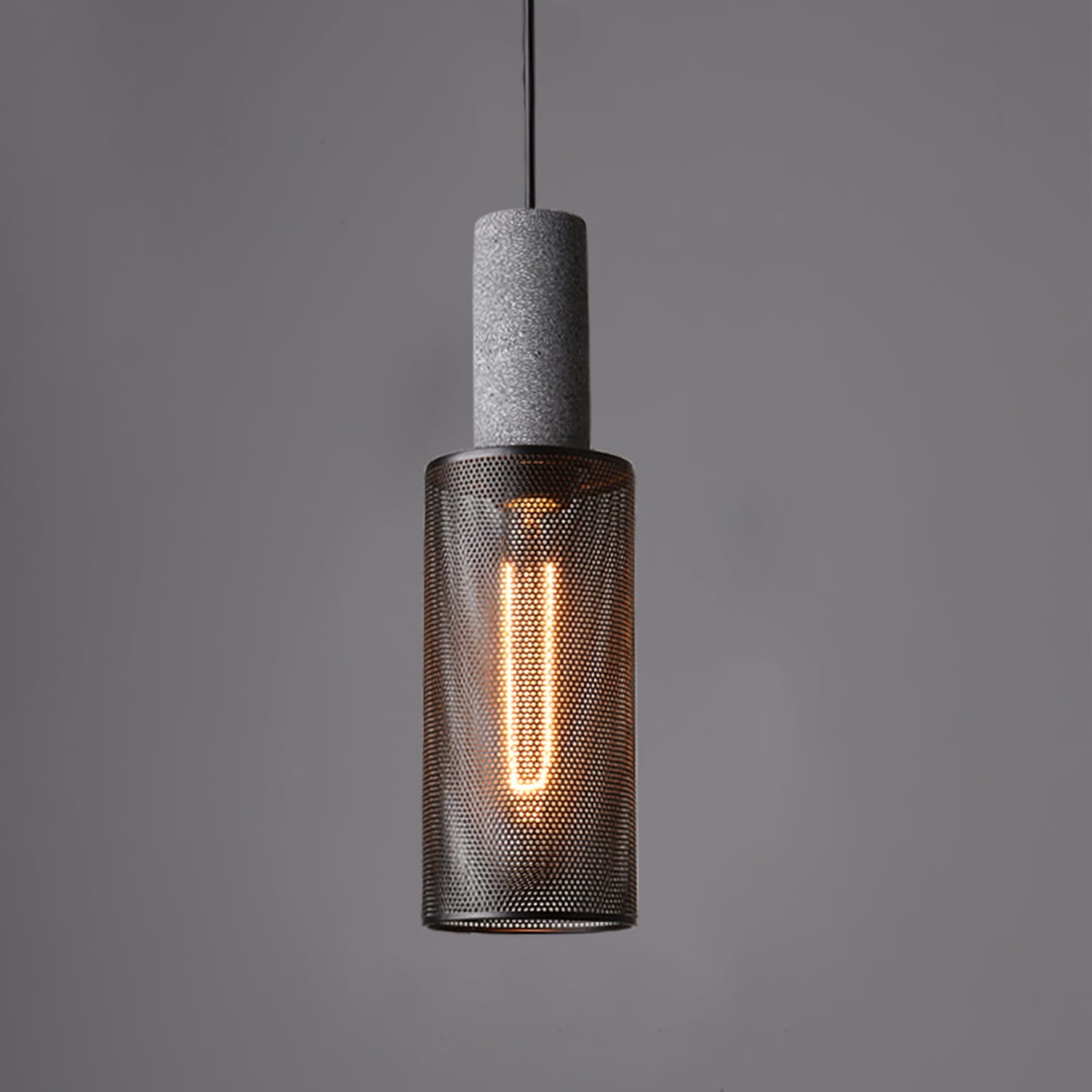 Industrial Wrought Iron Concrete Pendant Light With Warm LED Glow in Model B Ø3.9" x H13.4" (Ø10 x H34 cm) — Harbor Light Co.