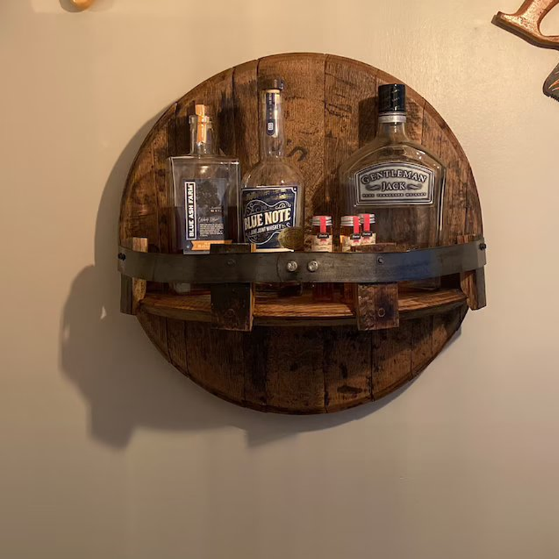 Whiskey Barrel Wall Shelf Rustic Solid Wood Round Bourbon Barrel Head Wall Mounted Display Shelf for Bottles and Glasses