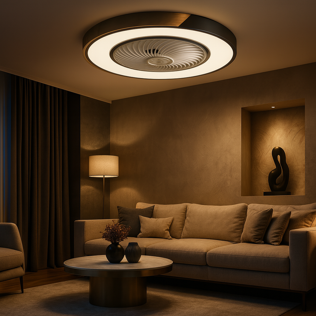 Modern Flush Mount Ceiling Fan Light with Wood Trim and Remote Control