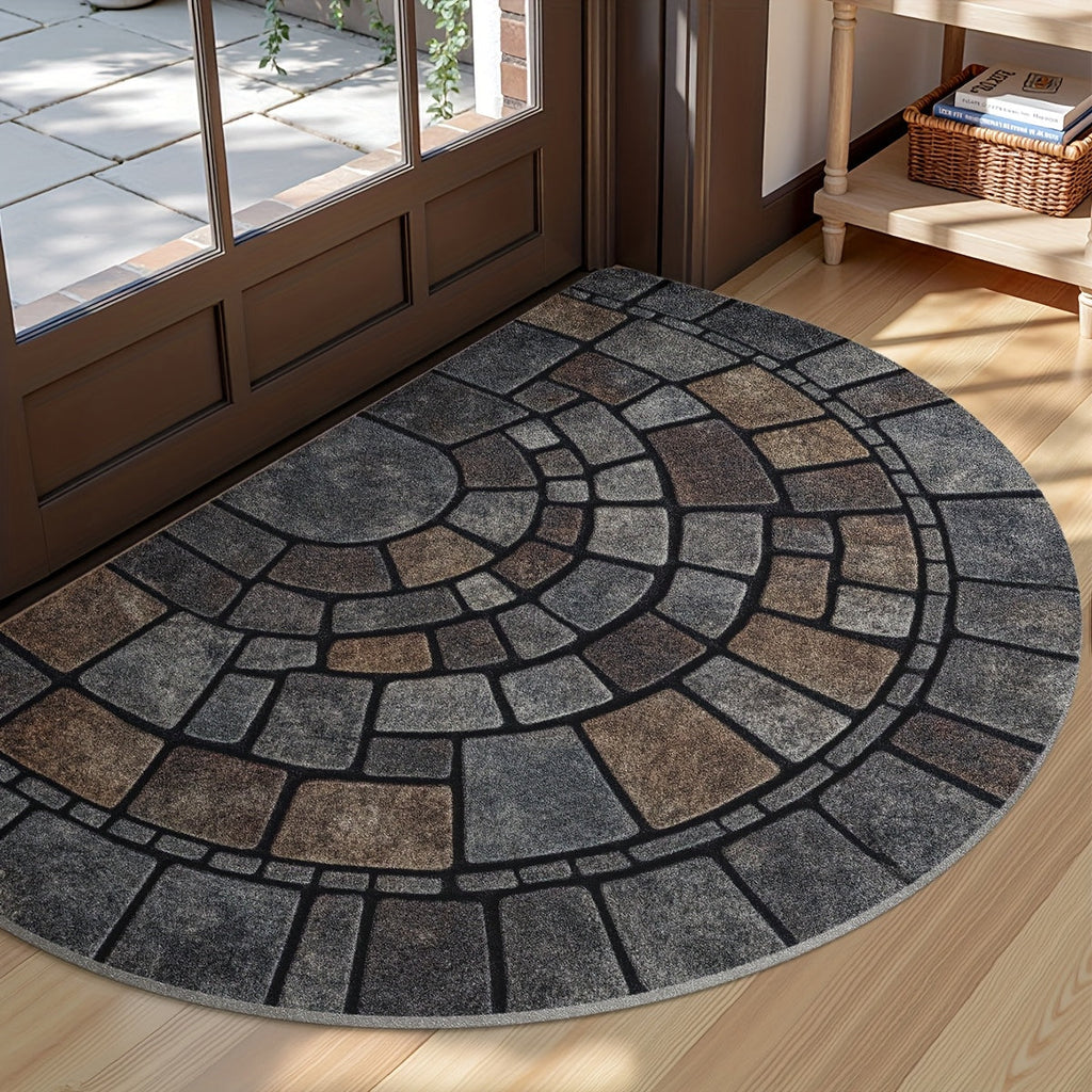 Half Circle Mosaic Door Mat Non-Slip Semicircle Welcome Mat Stone Pattern Indoor Outdoor Entryway Rug