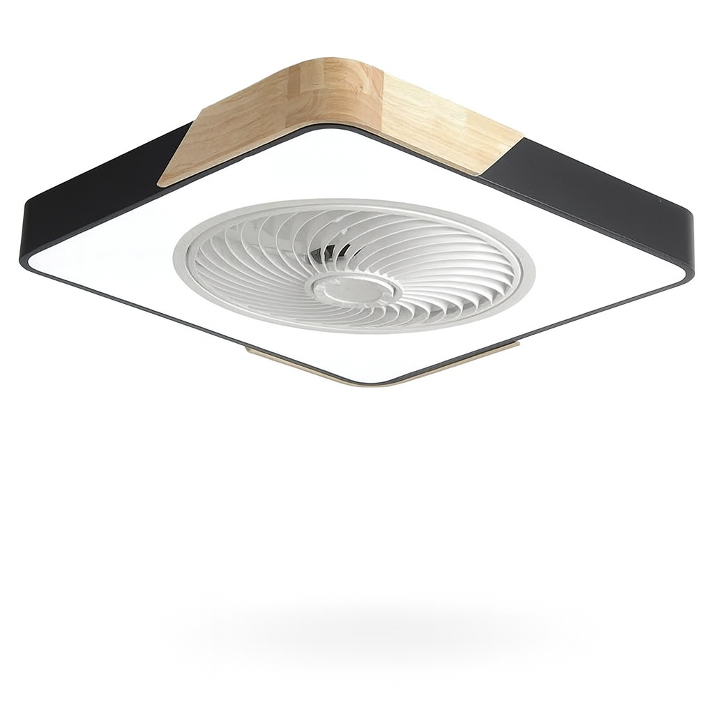 Modern Flush Mount Ceiling Fan Light with Wood Trim and Remote Control