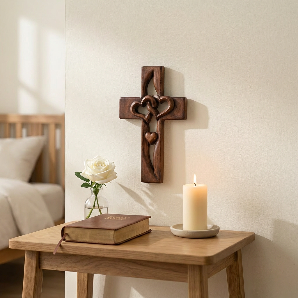 Wooden Intertwined Hearts Cross Wall Decor with Carved Detailing