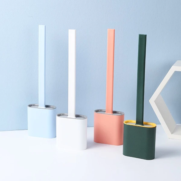 Silicone Toilet Brush with Quick Drying Holder Flexible Flat Brush Head Hygienic Bathroom Cleaning Brush Set