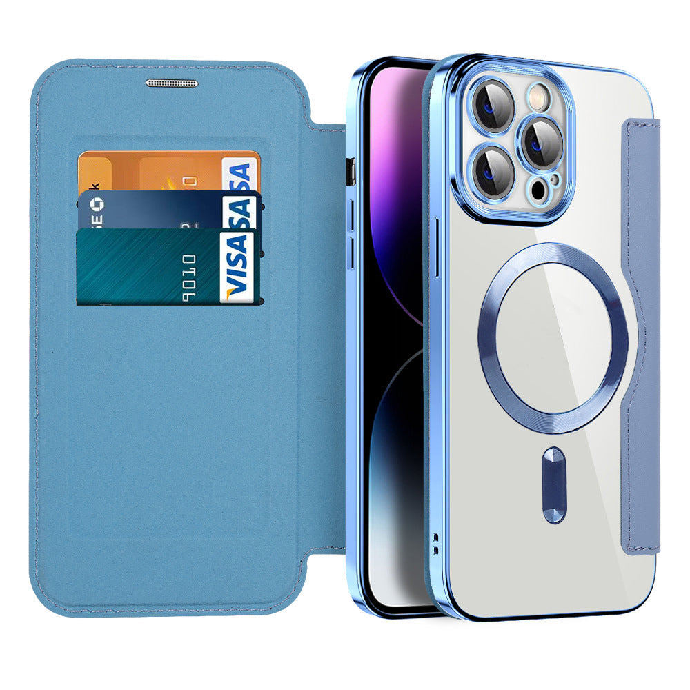 Magnetic Flip Wallet Case for iPhone Faux Leather Phone Case with Card Holder RFID Blocking Clear Shockproof Back and Stand Function