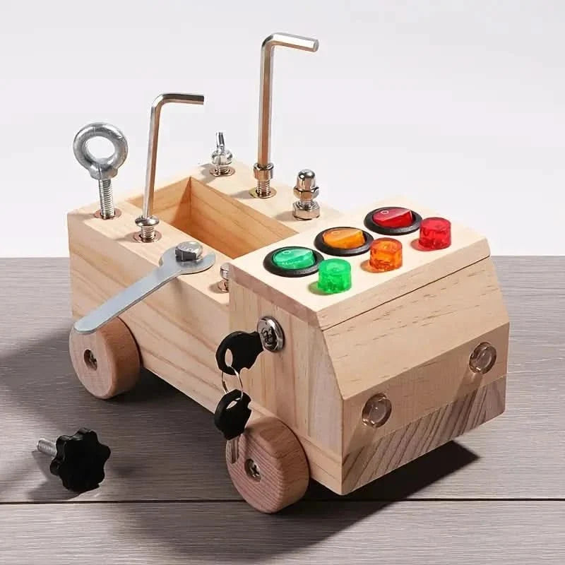 Montessori Busy Board Wooden Toy Car with Tools and LED Lights Fine Motor Skills Activity Toy for Toddlers and Kids