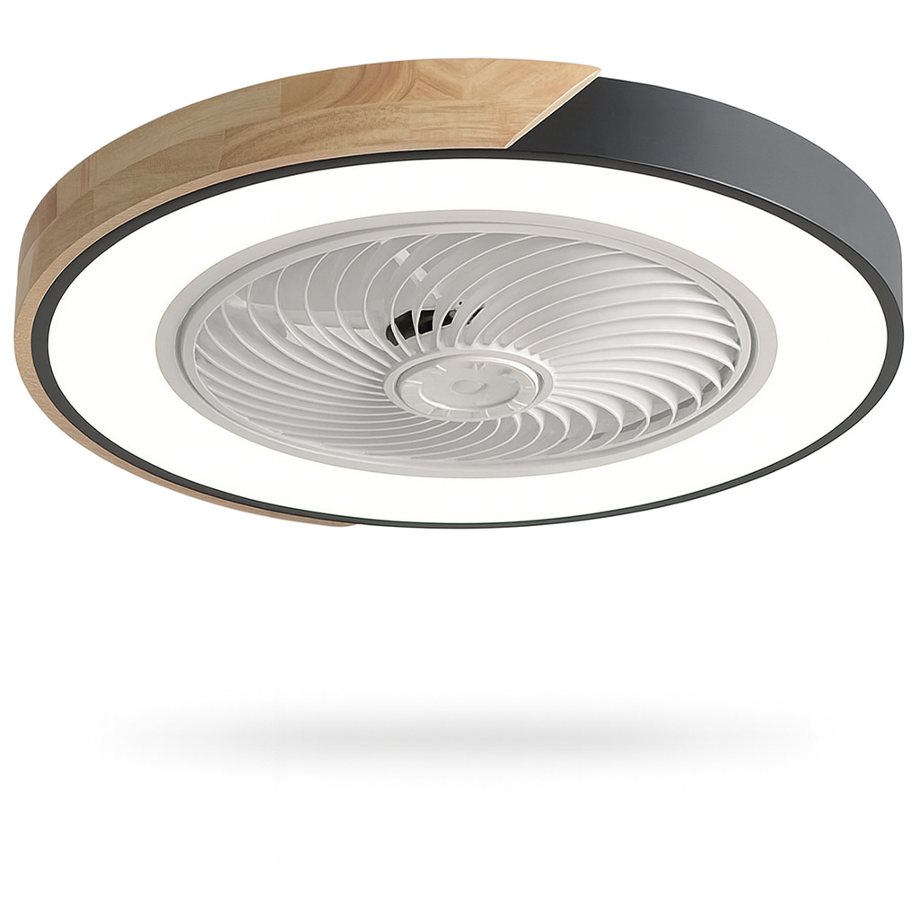 Modern Flush Mount Ceiling Fan Light with Wood Trim and Remote Control