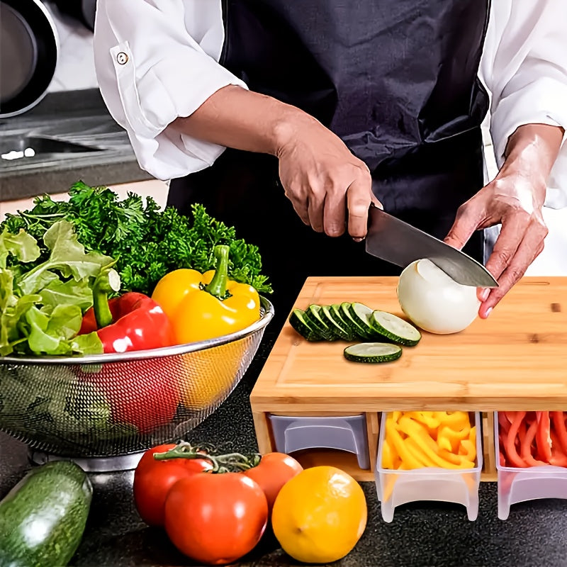 Bamboo Cutting Board with Storage Trays and Interchangeable Graters Multifunctional Kitchen Prep Station with Juice Groove