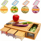 Bamboo Cutting Board with Storage Trays and Interchangeable Graters Multifunctional Kitchen Prep Station with Juice Groove