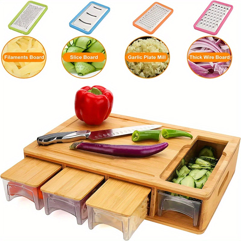 Bamboo Cutting Board with Storage Trays and Interchangeable Graters Multifunctional Kitchen Prep Station with Juice Groove