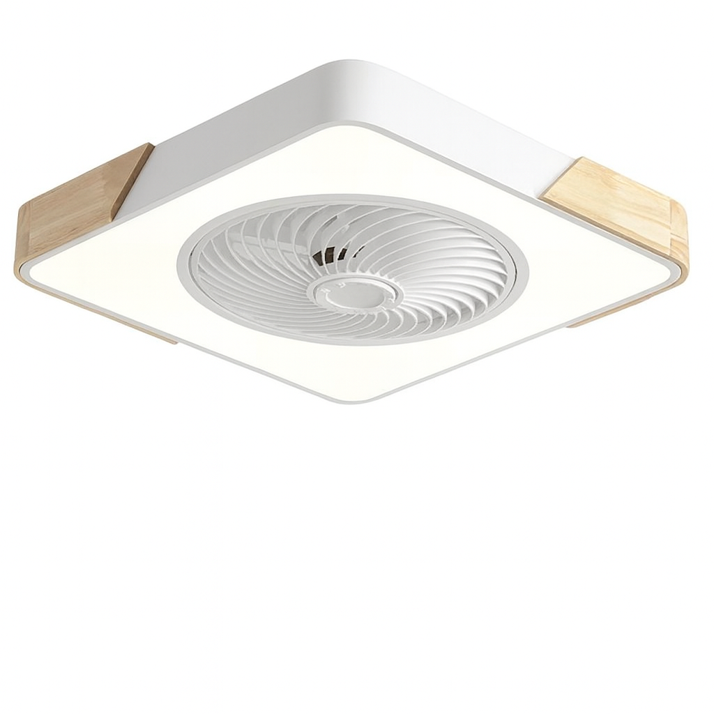 Modern Flush Mount Ceiling Fan Light with Wood Trim and Remote Control
