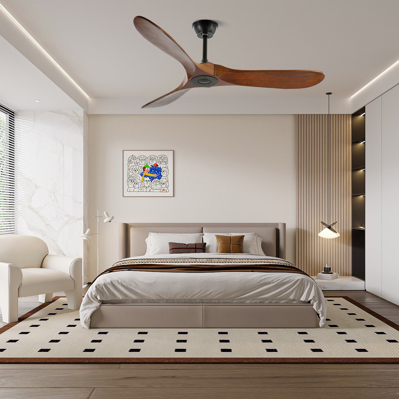Walnut and Black Propeller Blade Ceiling Fan Light with Remote Control