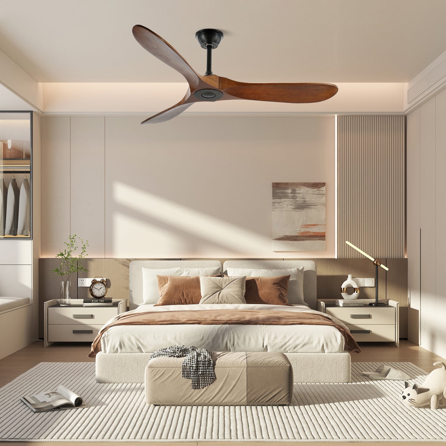 Walnut and Black Propeller Blade Ceiling Fan Light with Remote Control