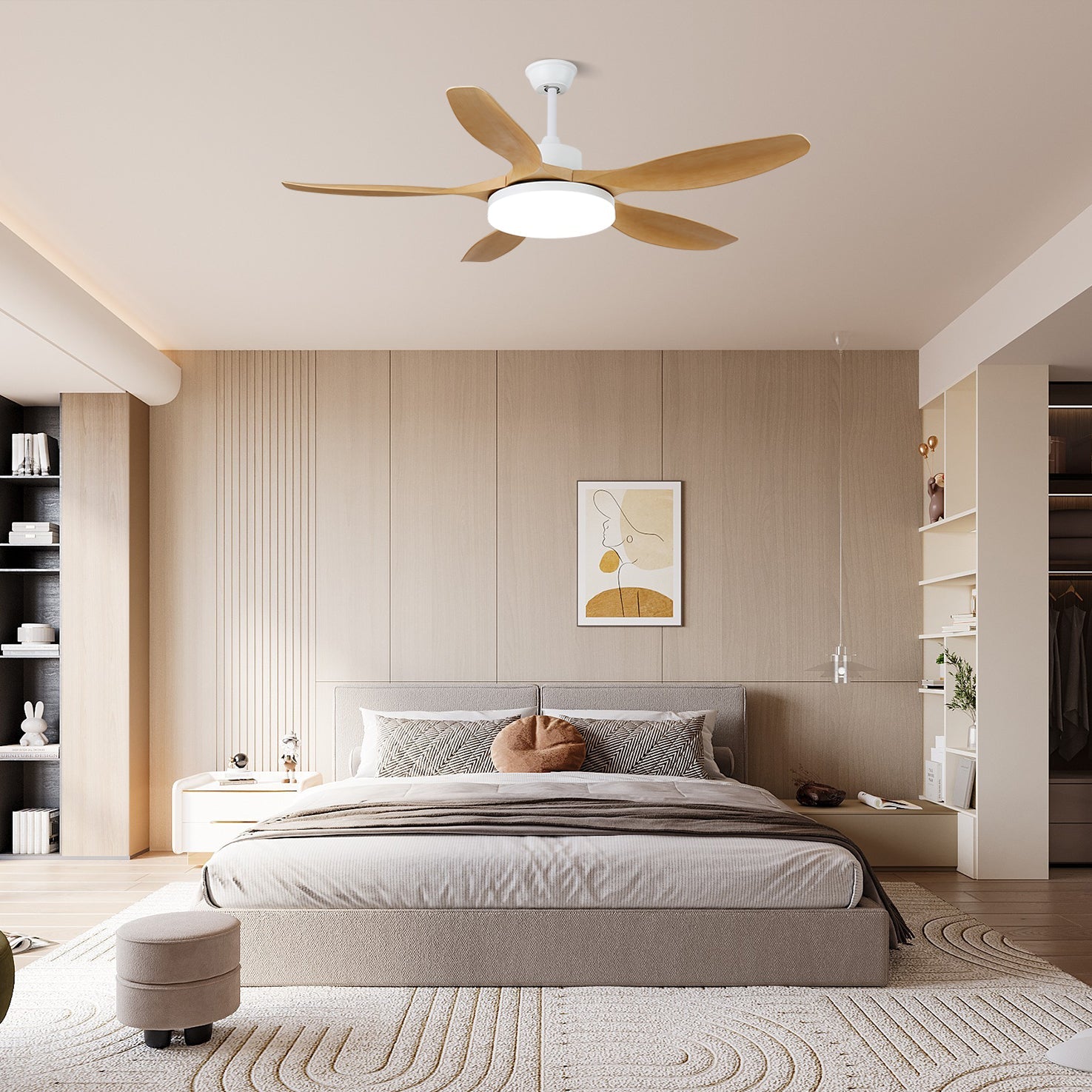 5-Blade Wooden Ceiling Fan Light with Downrod Mount