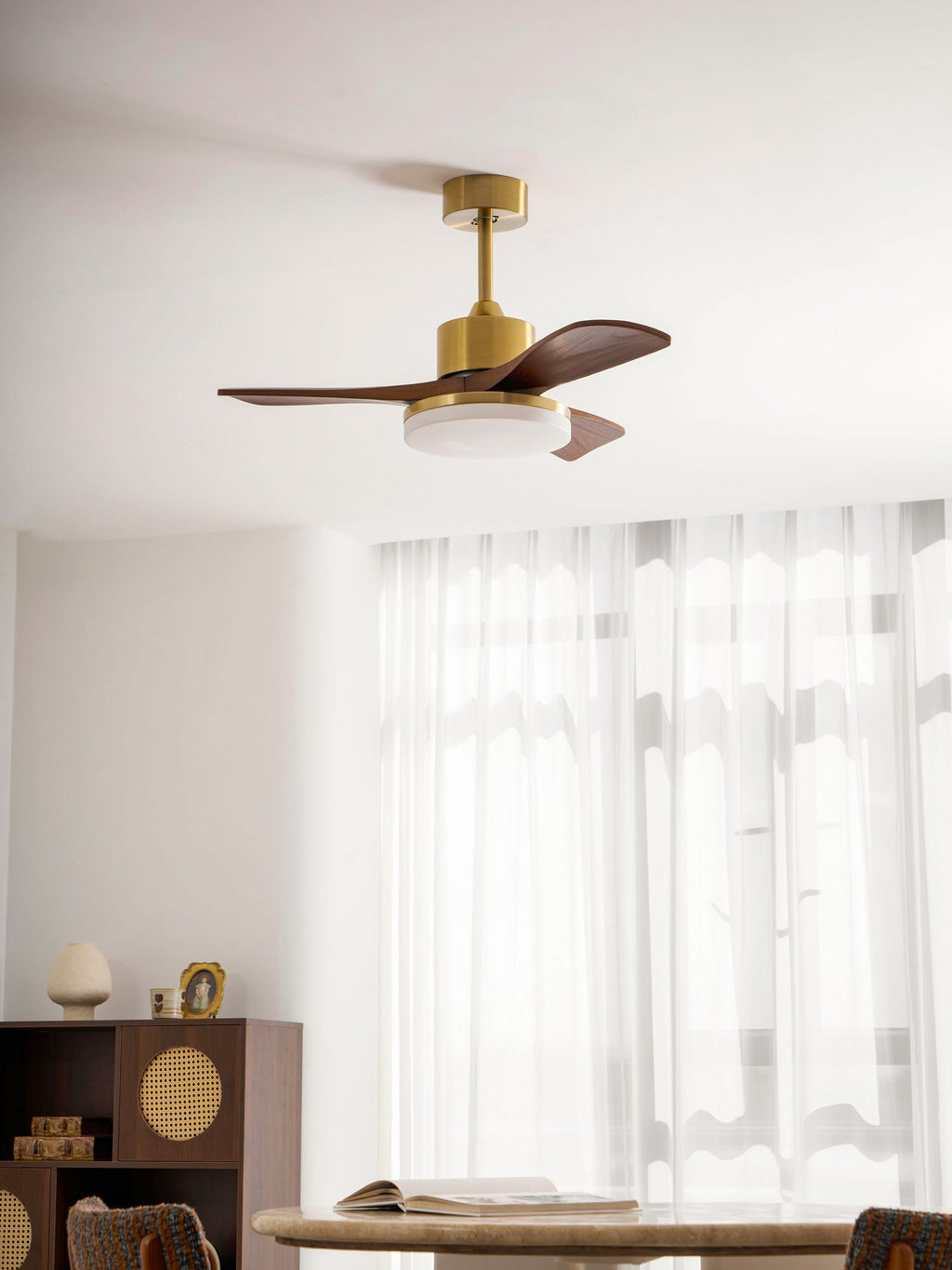 Walnut and Gold Ceiling Fan Light with Wooden Blades and LED Light