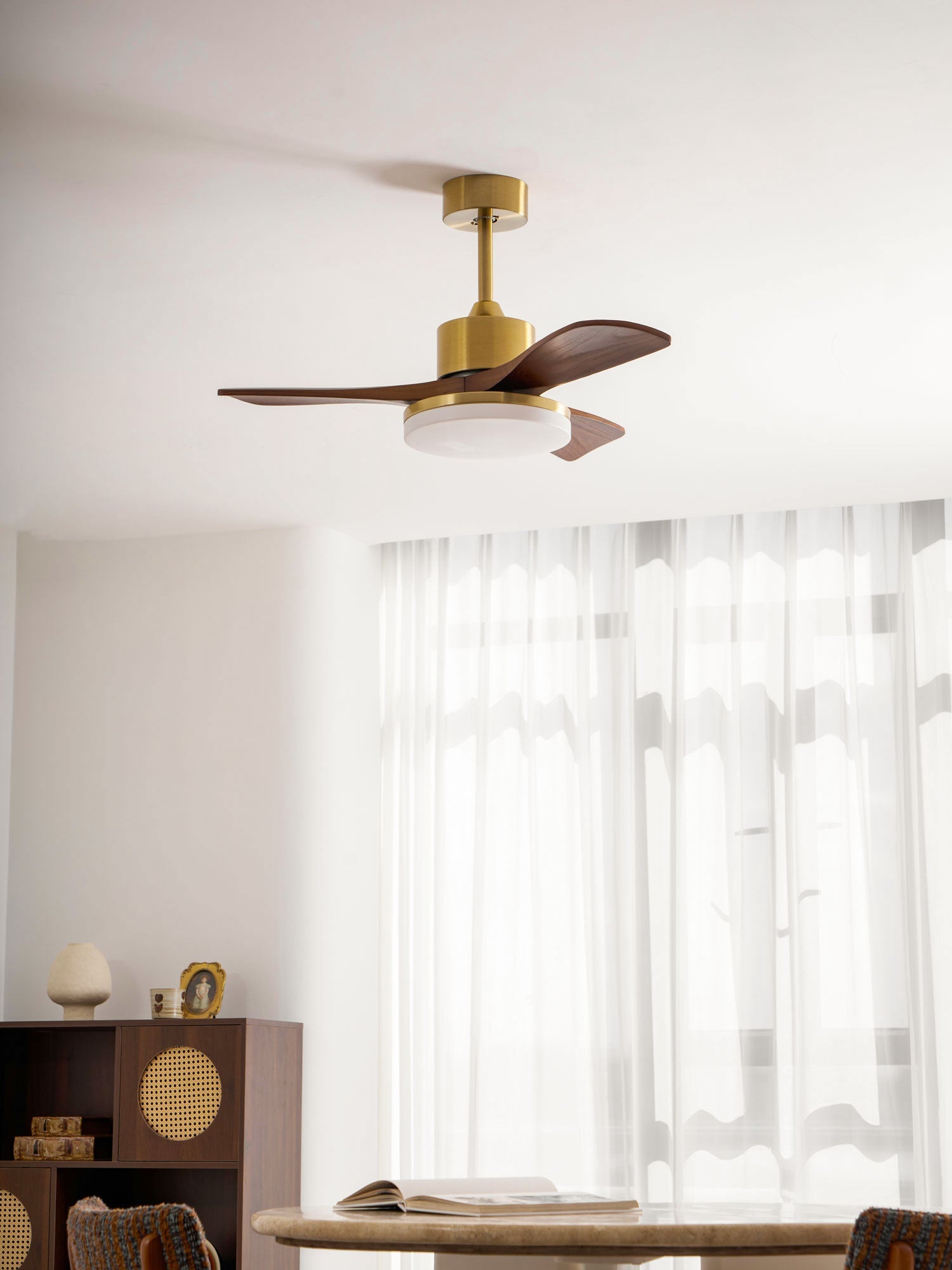 Walnut and Gold Ceiling Fan Light with Wooden Blades and LED Light