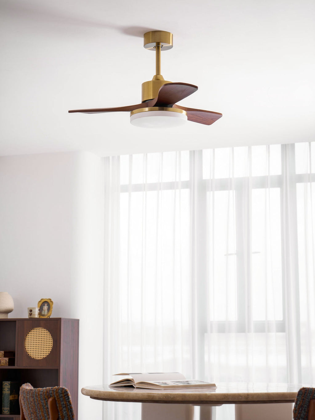 Walnut and Gold Ceiling Fan Light with Wooden Blades and LED Light
