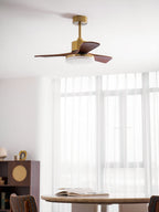 Walnut and Gold Ceiling Fan Light with Wooden Blades and LED Light