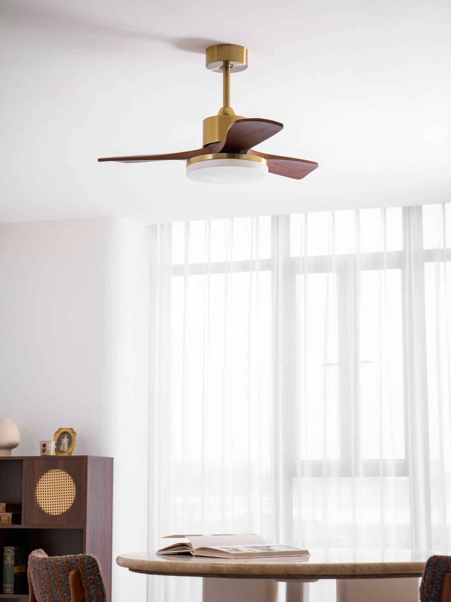 Walnut and Gold Ceiling Fan Light with Wooden Blades and LED Light