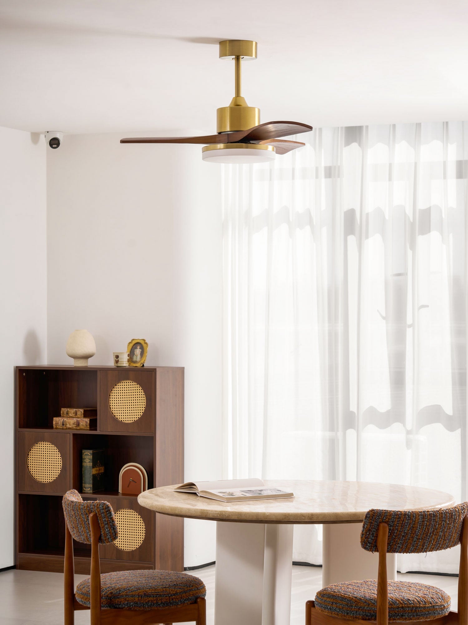 Walnut and Gold Ceiling Fan Light with Wooden Blades and LED Light