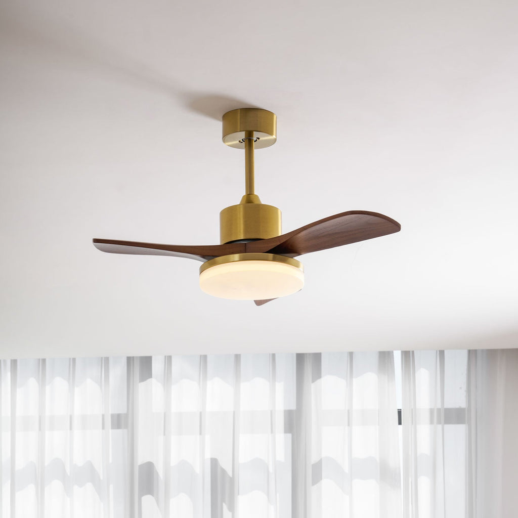 Walnut and Gold Ceiling Fan Light with Wooden Blades and LED Light
