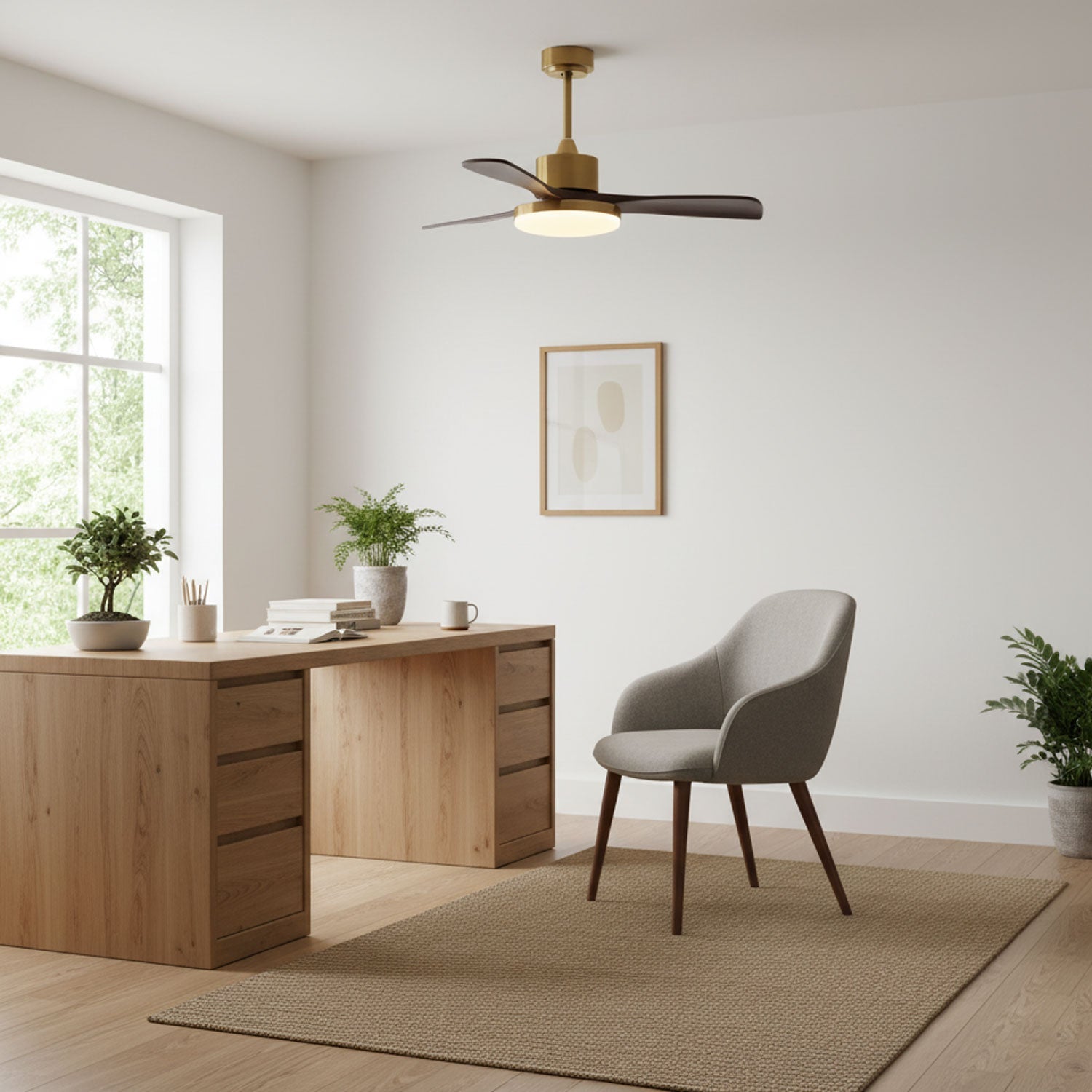 Walnut and Gold Ceiling Fan Light with Wooden Blades and LED Light