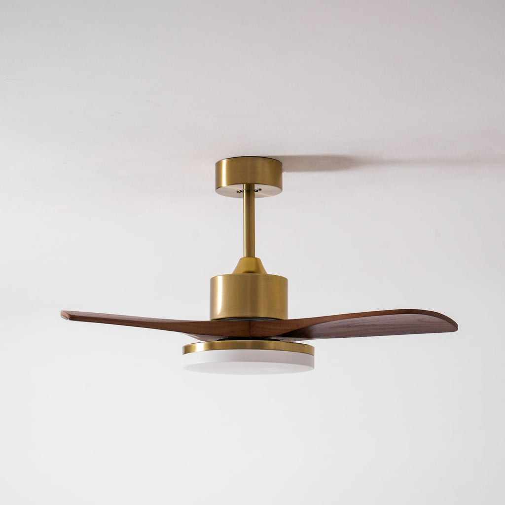 Walnut and Gold Ceiling Fan Light with Wooden Blades and LED Light