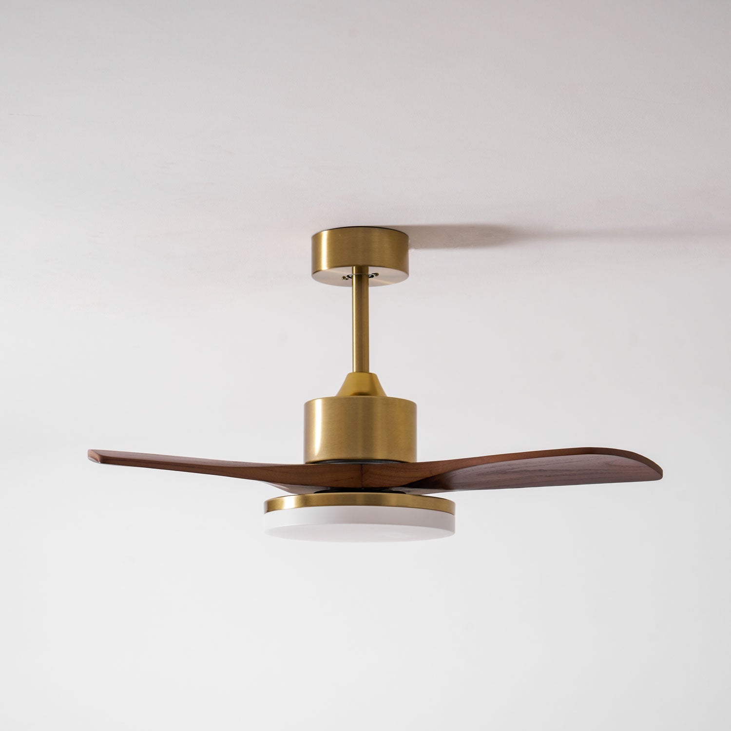 Walnut and Gold Ceiling Fan Light with Wooden Blades and LED Light