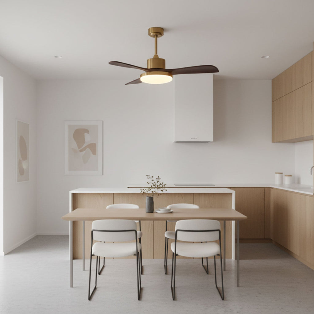 Walnut and Gold Ceiling Fan Light with Wooden Blades and LED Light