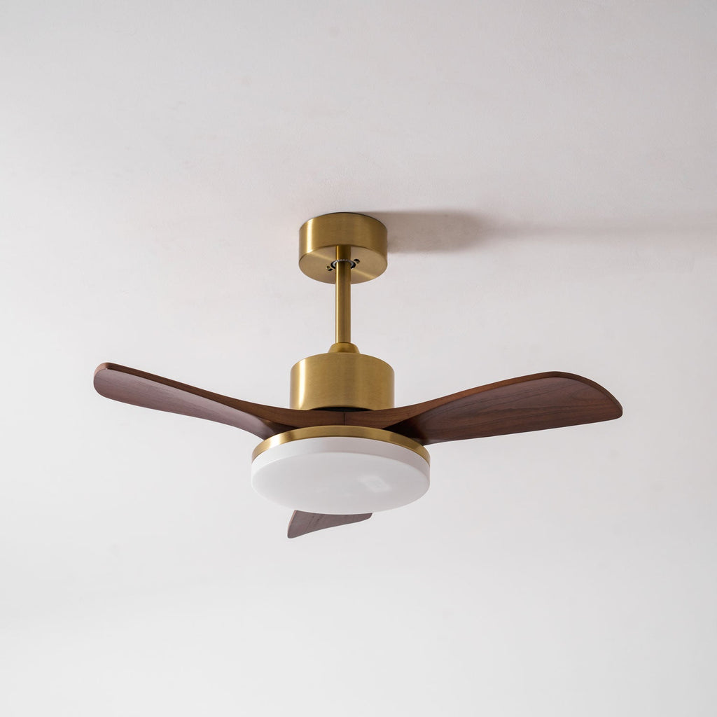 Walnut and Gold Ceiling Fan Light with Wooden Blades and LED Light