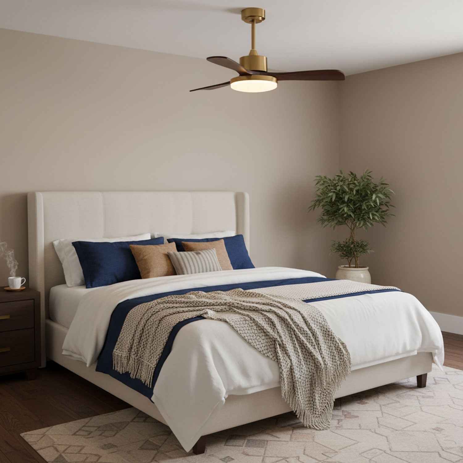 Walnut and Gold Ceiling Fan Light with Wooden Blades and LED Light