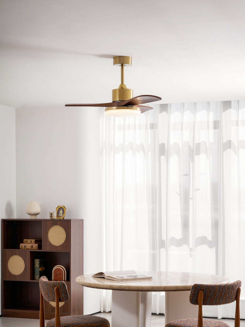 Walnut and Gold Ceiling Fan Light with Wooden Blades and LED Light