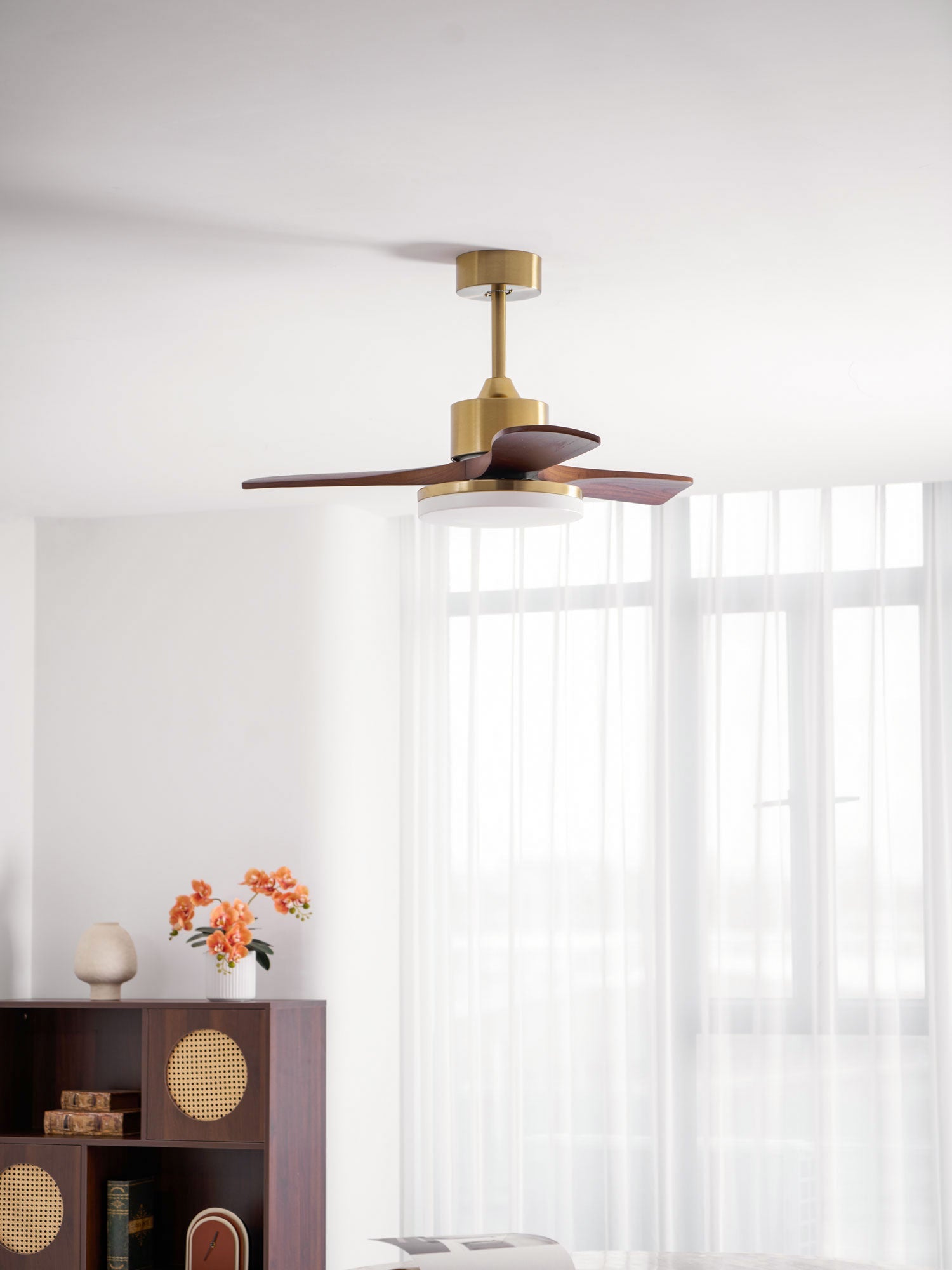 Walnut and Gold Ceiling Fan Light with Wooden Blades and LED Light