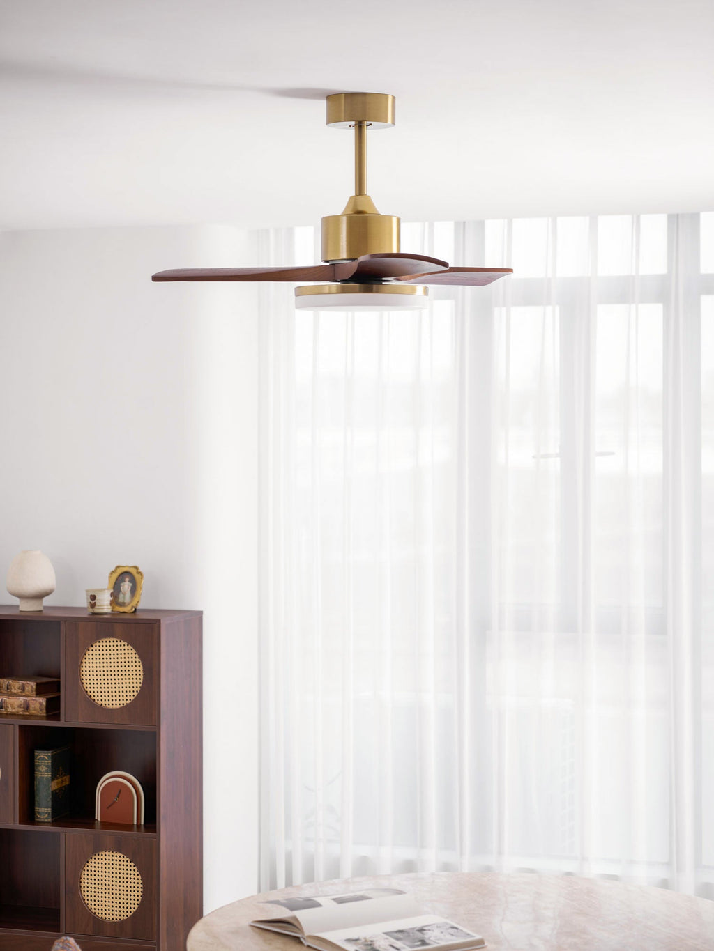 Walnut and Gold Ceiling Fan Light with Wooden Blades and LED Light