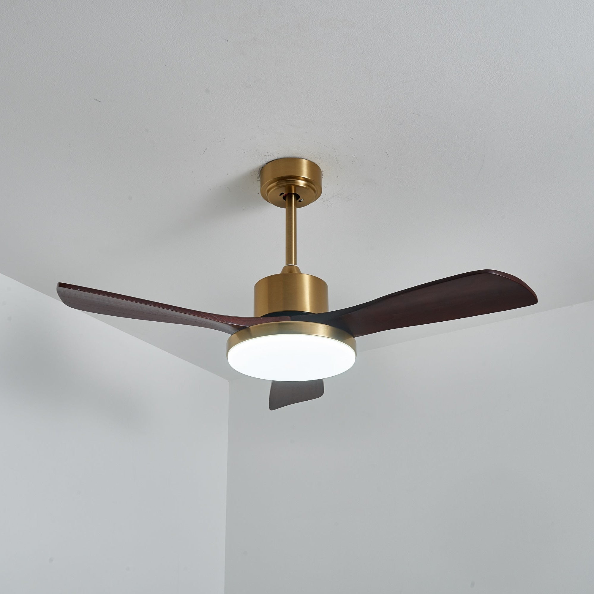 Walnut and Gold Ceiling Fan Light with Wooden Blades and LED Light