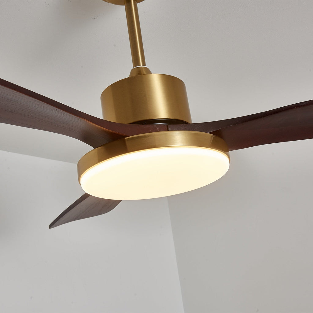 Walnut and Gold Ceiling Fan Light with Wooden Blades and LED Light