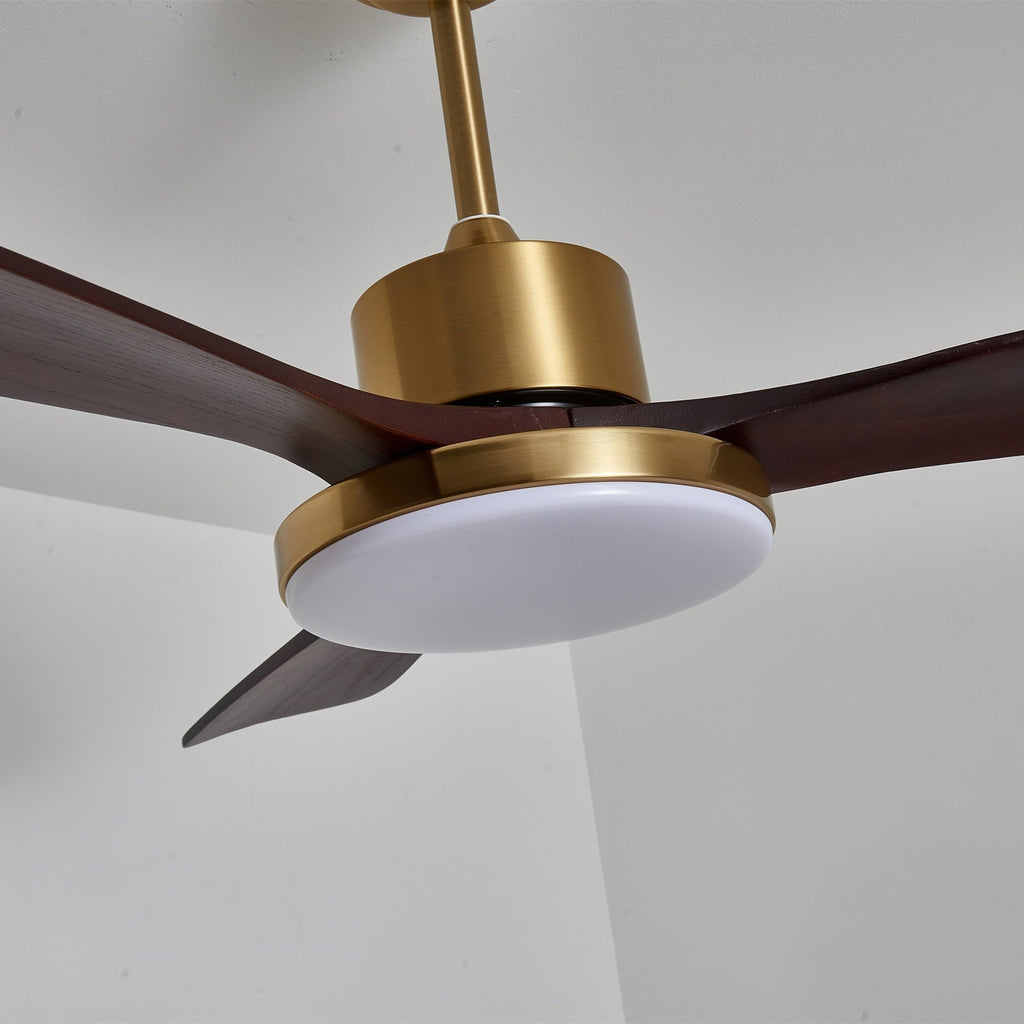 Walnut and Gold Ceiling Fan Light with Wooden Blades and LED Light