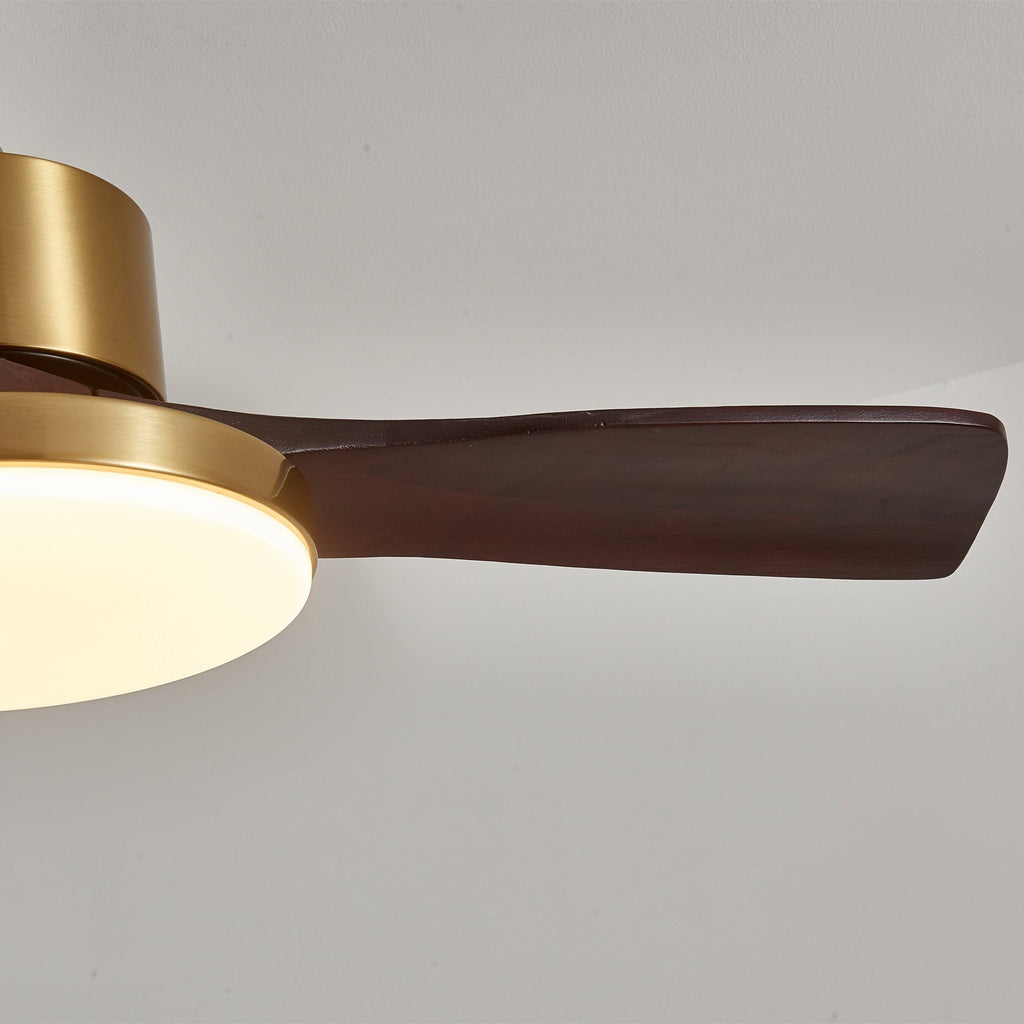 Walnut and Gold Ceiling Fan Light with Wooden Blades and LED Light