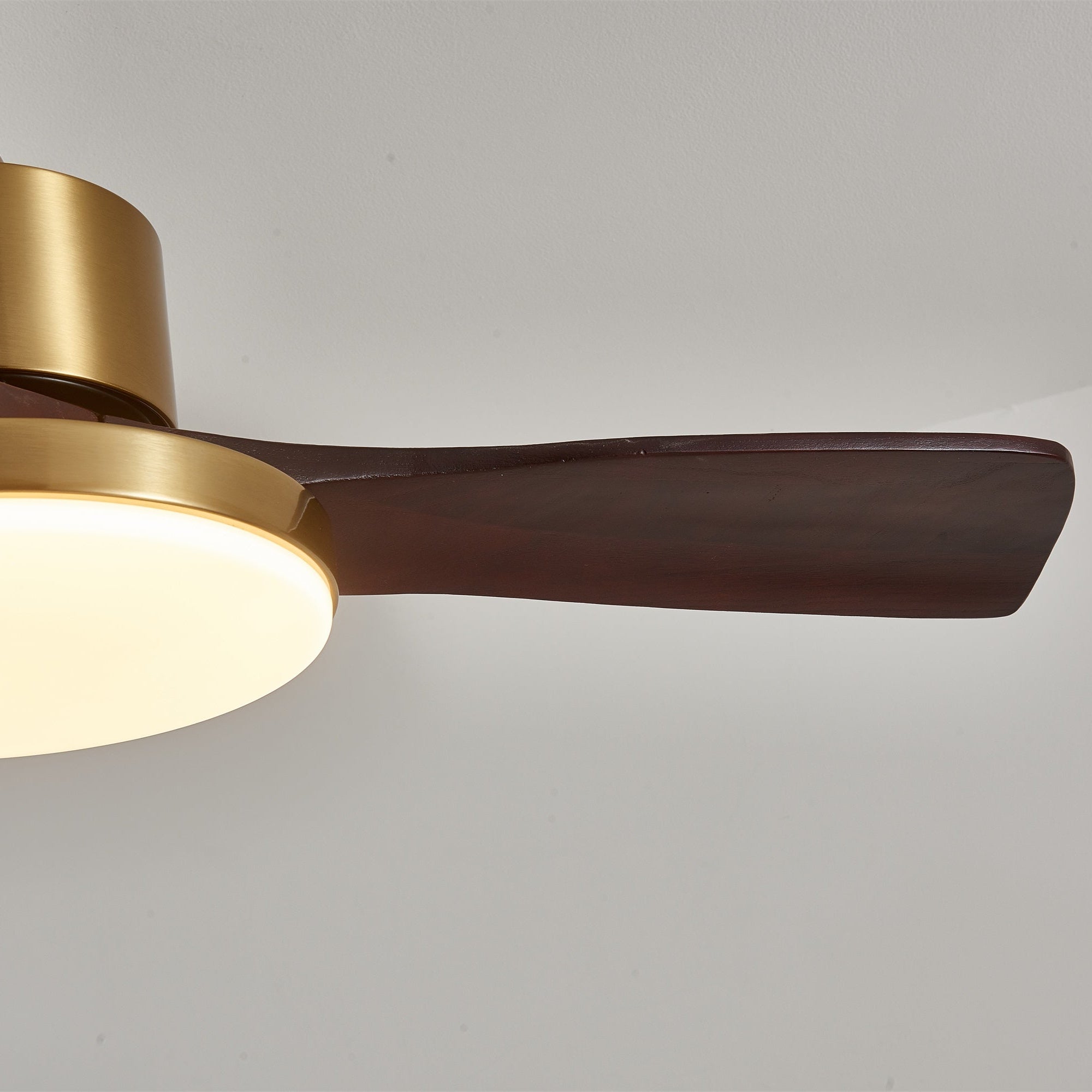 Walnut and Gold Ceiling Fan Light with Wooden Blades and LED Light