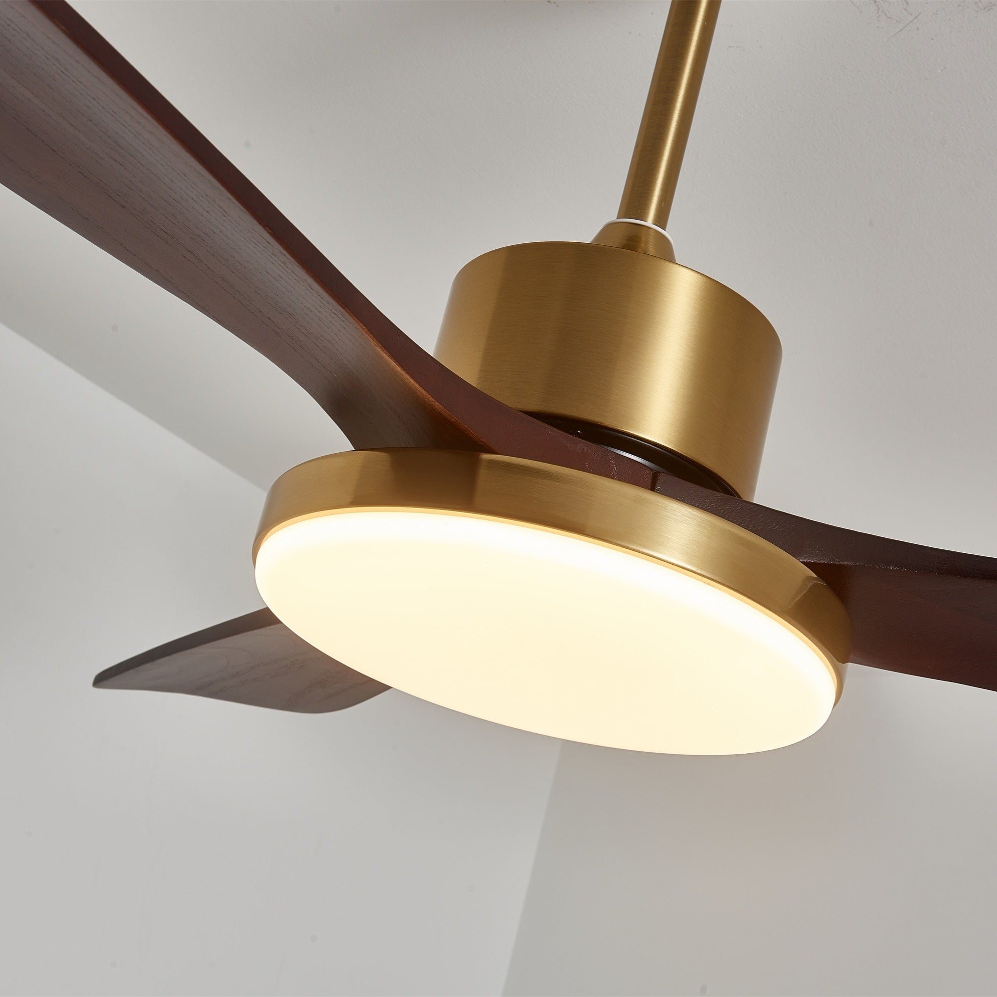 Walnut and Gold Ceiling Fan Light with Wooden Blades and LED Light
