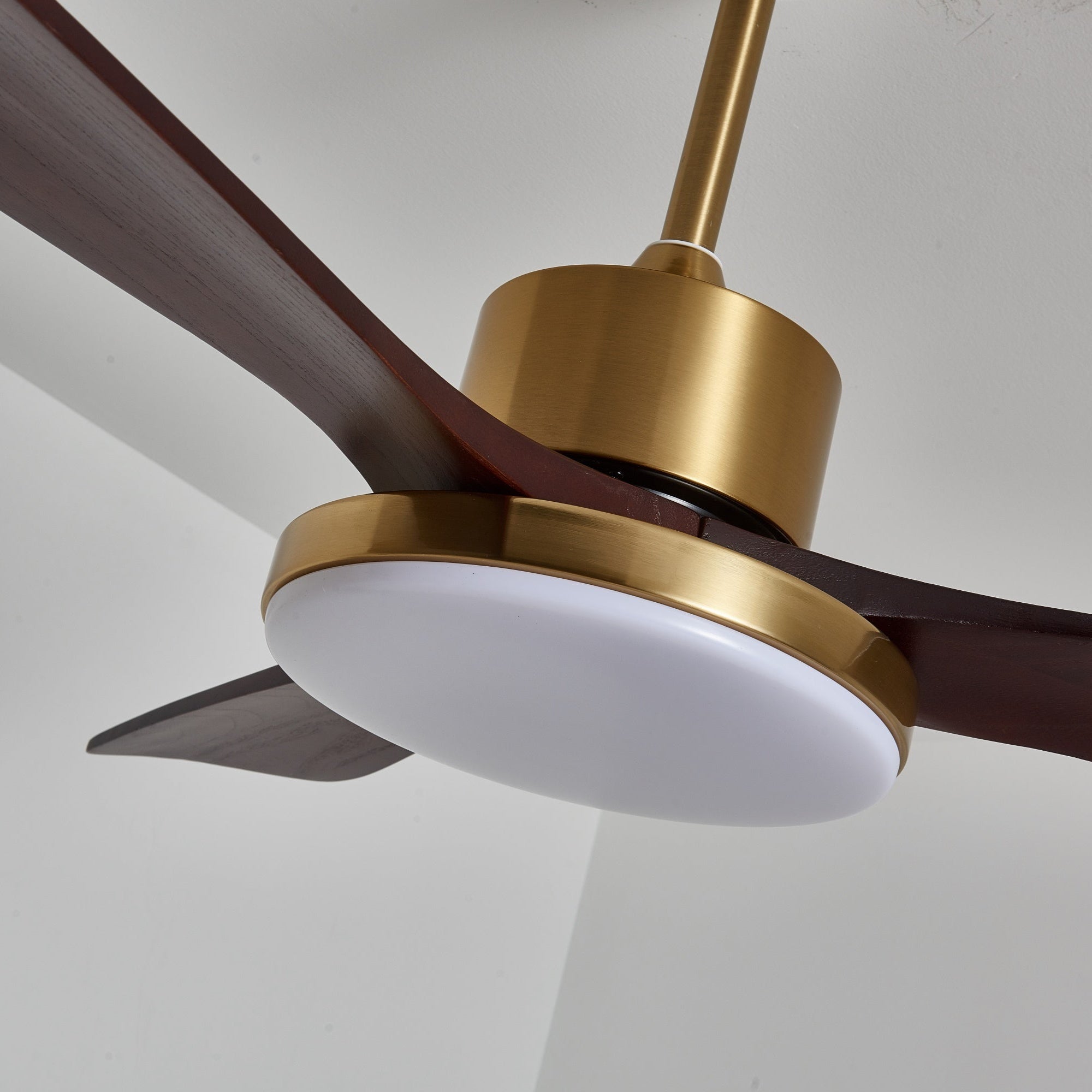 Walnut and Gold Ceiling Fan Light with Wooden Blades and LED Light