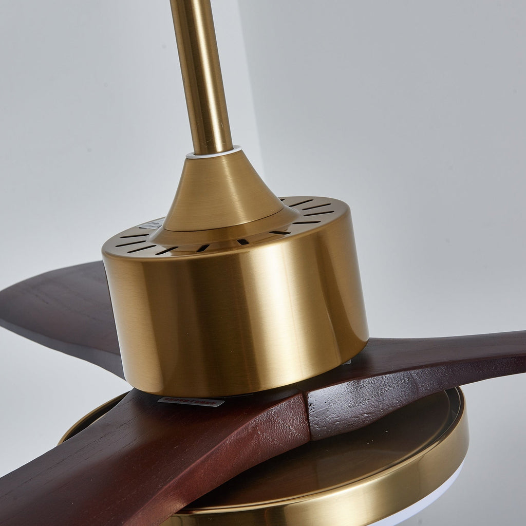 Walnut and Gold Ceiling Fan Light with Wooden Blades and LED Light