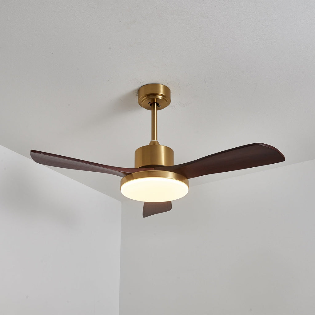 Walnut and Gold Ceiling Fan Light with Wooden Blades and LED Light