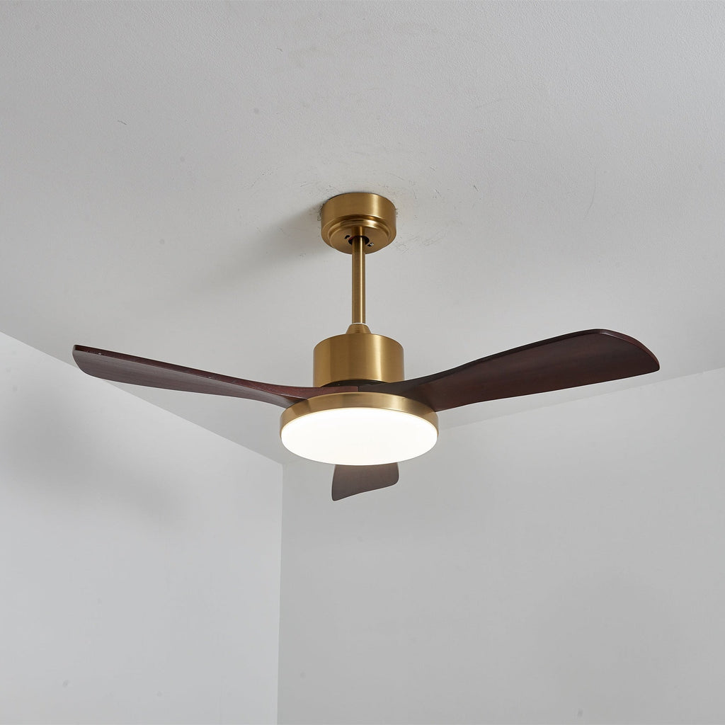 Walnut and Gold Ceiling Fan Light with Wooden Blades and LED Light