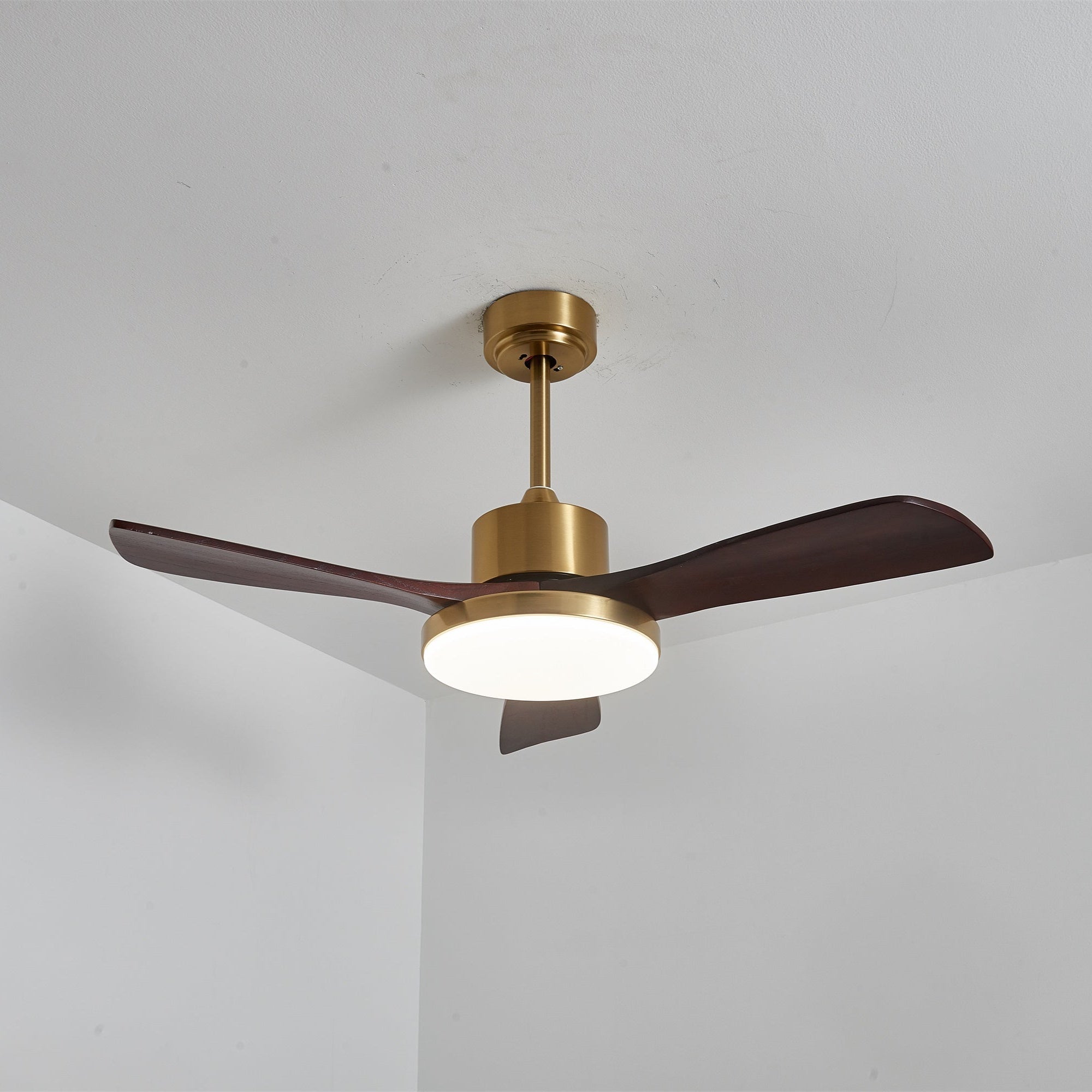 Walnut and Gold Ceiling Fan Light with Wooden Blades and LED Light