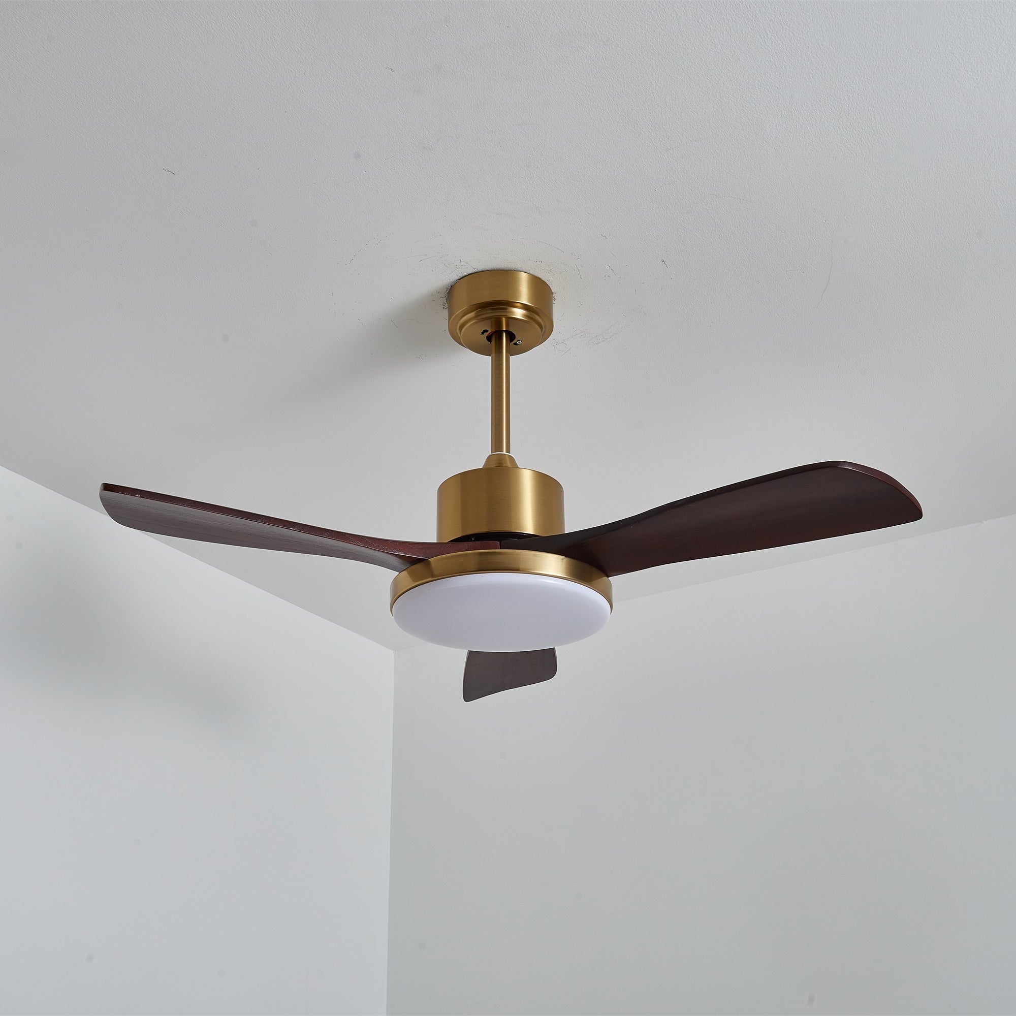 Walnut and Gold Ceiling Fan Light with Wooden Blades and LED Light