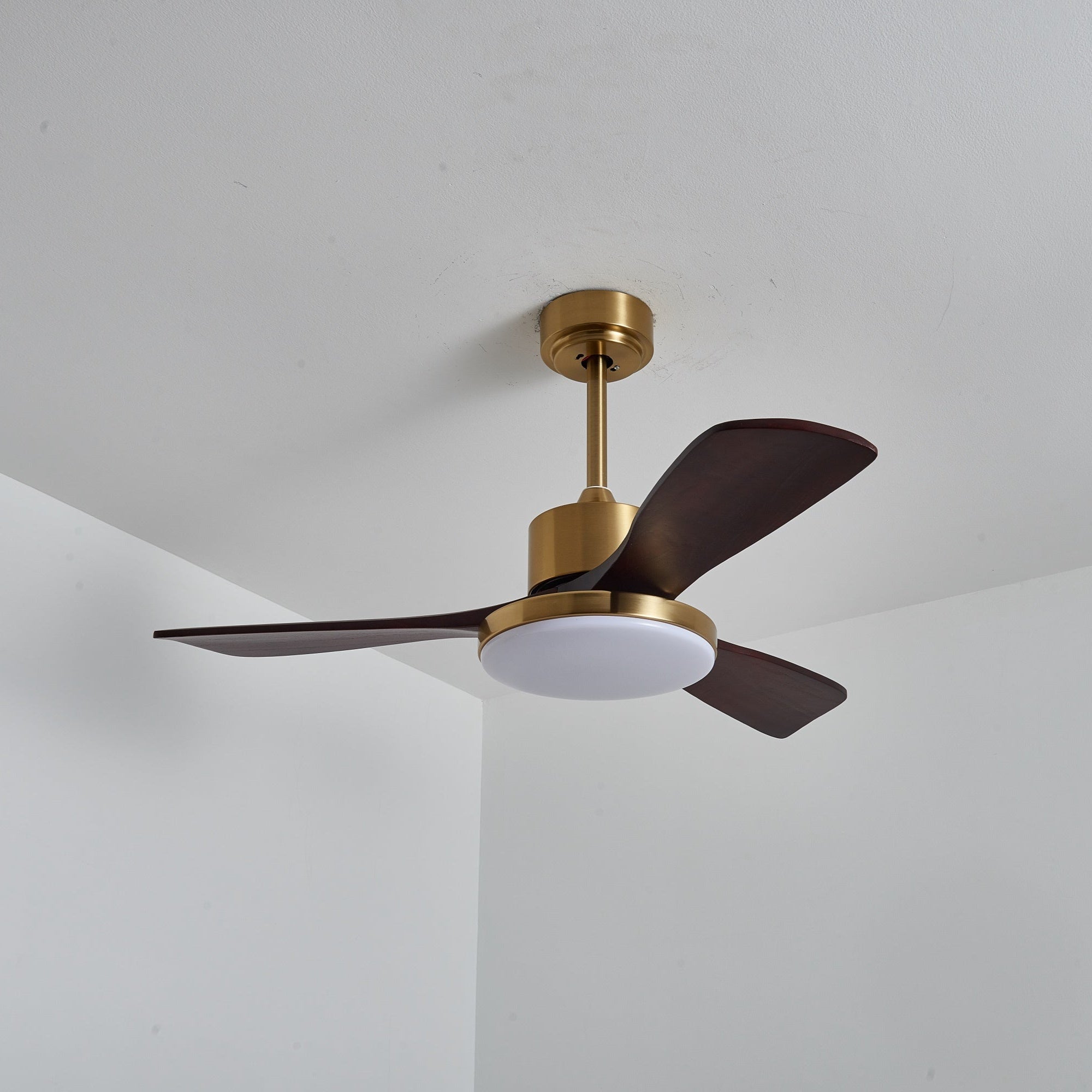 Walnut and Gold Ceiling Fan Light with Wooden Blades and LED Light