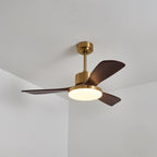 Walnut and Gold Ceiling Fan Light with Wooden Blades and LED Light