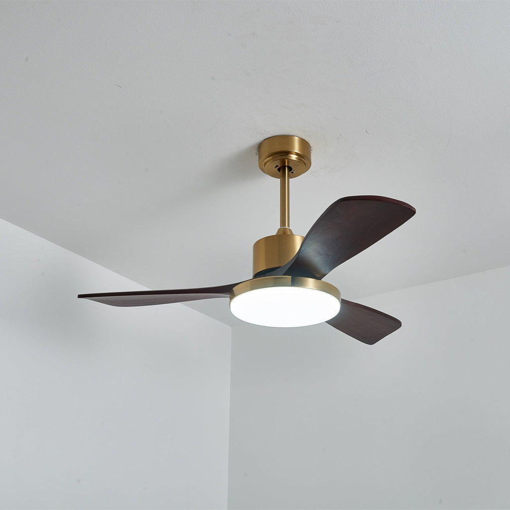 Walnut and Gold Ceiling Fan Light with Wooden Blades and LED Light