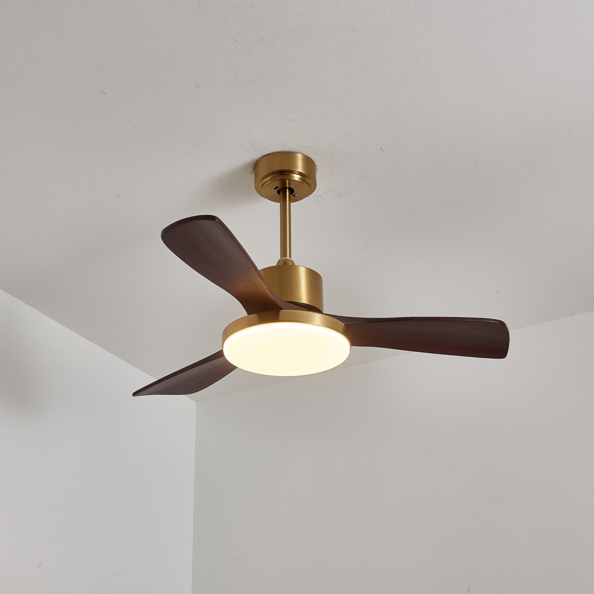 Walnut and Gold Ceiling Fan Light with Wooden Blades and LED Light