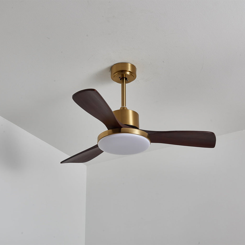 Walnut and Gold Ceiling Fan Light with Wooden Blades and LED Light